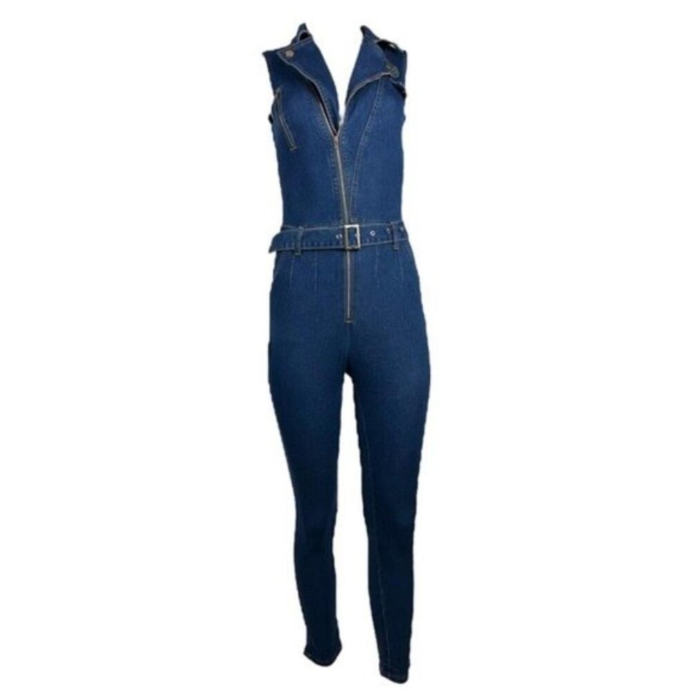 Moto Denim Jumpsuit Dark Wash